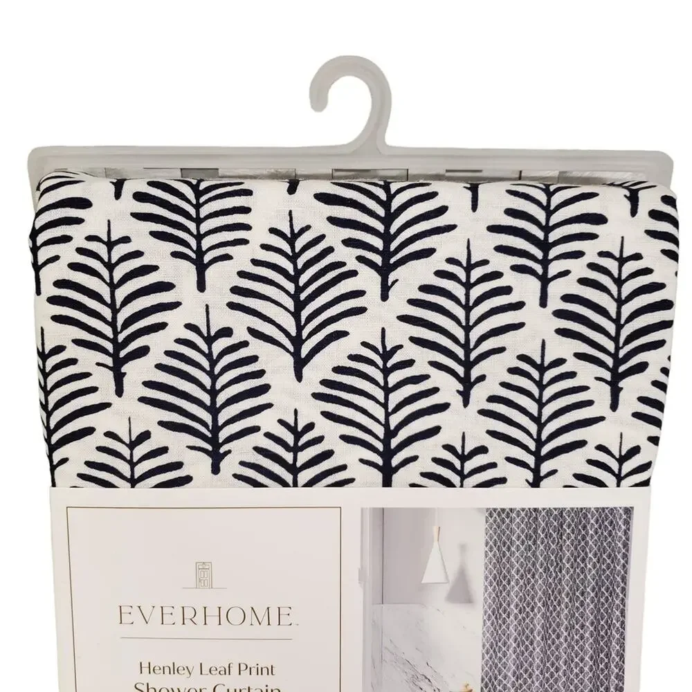 Linen Shower Curtain Everhome Henley Leaf Print Maritime Blue 72 x 72 Shower